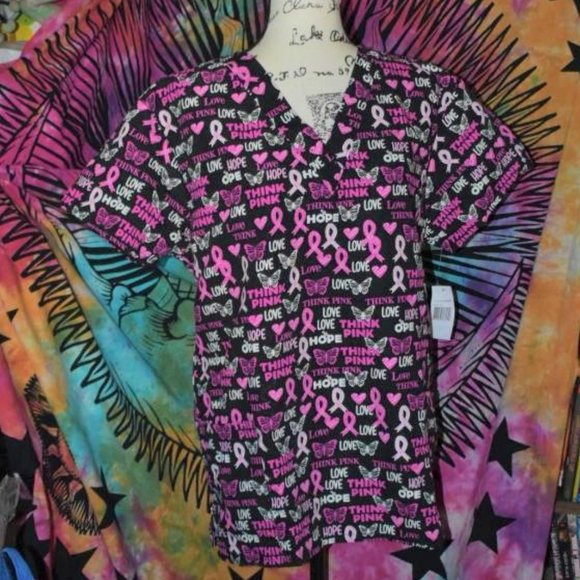 Cassandra O Tops Breast Cancer Awareness Scrub Top Black Think Pink